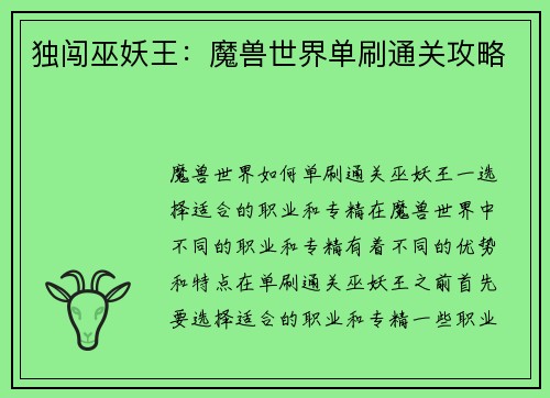 独闯巫妖王：魔兽世界单刷通关攻略